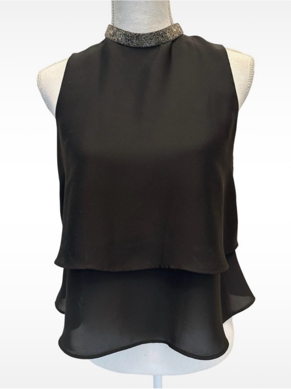 Zara Black Layered Sleeveless Camisole with Sparkle Collar